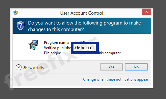 Screenshot where Zinio LLC appears as the verified publisher in the UAC dialog